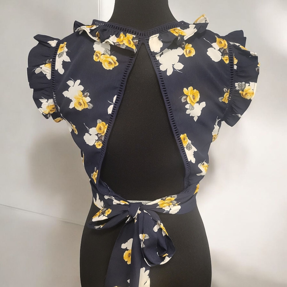 Floral Ruffle Wrap Top - Navy and Yellow - Picture 2 of 3